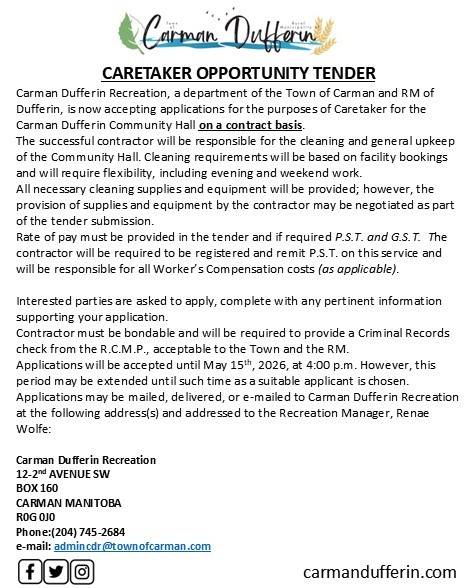 Caretaker Carman Dufferin Community Hall 2026 Ad